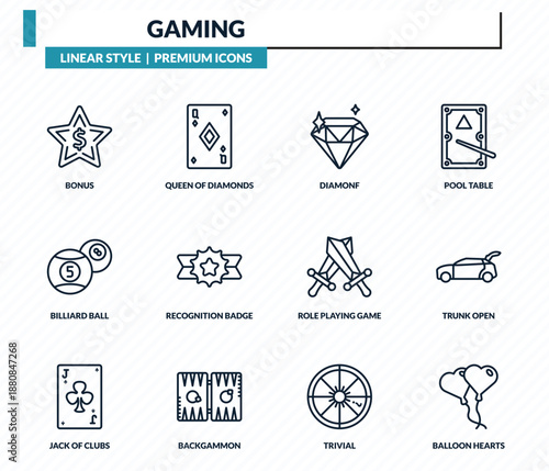gaming icons set - bonus, queen of diamonds, diamonf, trunk open, balloon hearts outline vector collection.