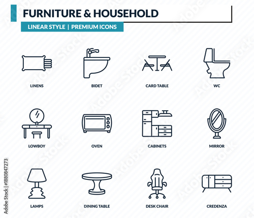 furniture & household icons set - linens, bidet, card table, mirror, credenza outline vector collection.