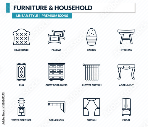 furniture & household icons set - headboard, pillows, cactus, adornment, fridge outline vector collection.