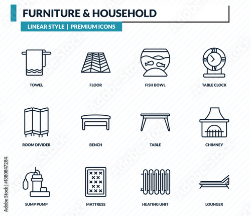 furniture & household icons set - towel, floor, fish bowl, chimney, lounger outline vector collection.