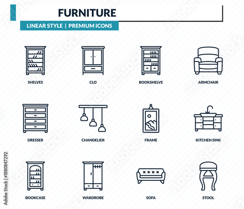 furniture icons set - shelves, clo, bookshelve, kitchen sink, stool outline vector collection.