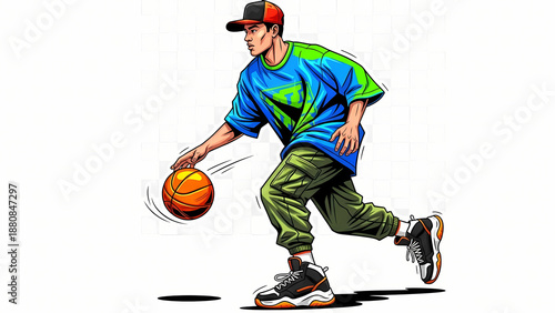 young boy play basketball with street outfit