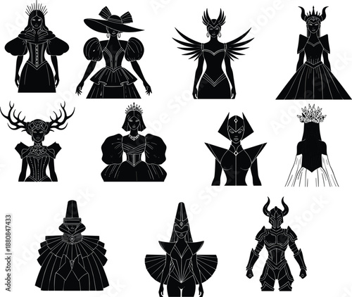 Silhouettes of eleven fantasy humanoid figures in elaborate costumes and headpieces, showcasing mythical character design for concept art, storytelling, and costume inspiration.