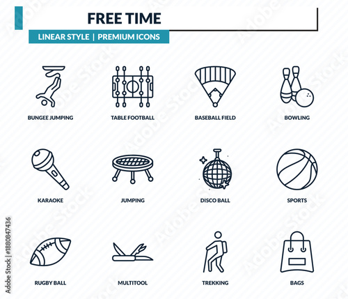 free time icons set - bungee jumping, table football, baseball field, sports, bags outline vector collection.