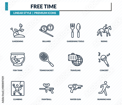 free time icons set - gardening, billiard, gardening tools, concert, running man outline vector collection.