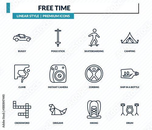 free time icons set - buggy, pogo stick, skateboarding, ship in a bottle, drum outline vector collection.