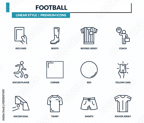 football icons set - red card, boots, referee jersey, yellow card, soccer jersey outline vector collection.