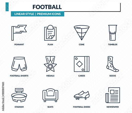 football icons set - pennant, plan, cone, socks, newspaper outline vector collection.
