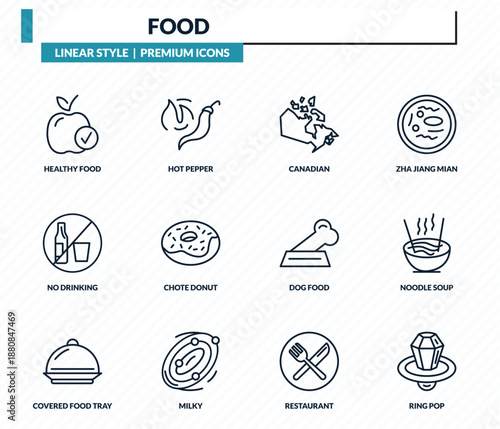 food icons set - healthy food, hot pepper, canadian, noodle soup, ring pop outline vector collection.