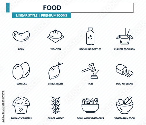 food icons set - bean, wonton, recycling bottles, loaf of bread, vegetarian food outline vector collection.