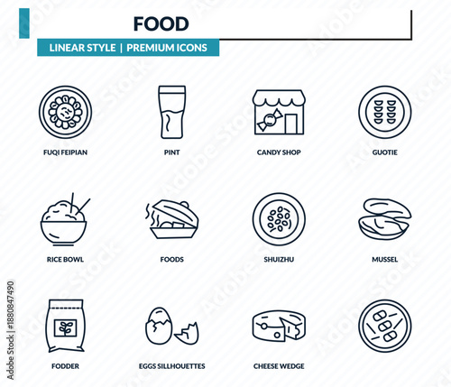 food icons set - fuqi feipian, pint, candy shop, mussel, outline vector collection.