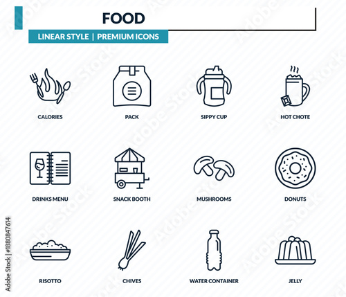 food icons set - calories, pack, sippy cup, donuts, jelly outline vector collection.