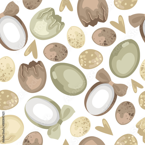 Hand-drawn seamless pattern made of Easter eggs, bird eggs and bows and hearts and cracked eggshell, Easter decorative background