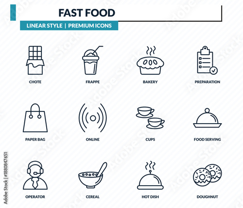 fast food icons set - chote, frappe, bakery, food serving, doughnut outline vector collection.