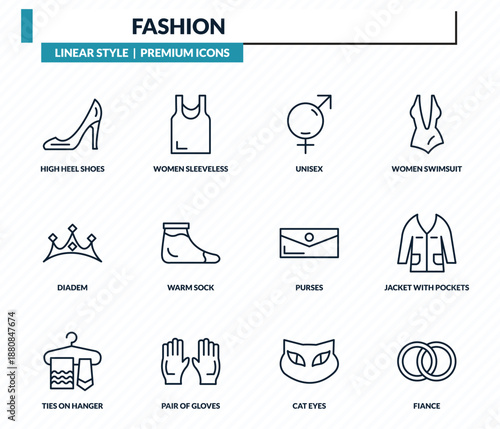 fashion icons set - high heel shoes, women sleeveless shirt, unisex, jacket with pockets, fiance outline vector collection.