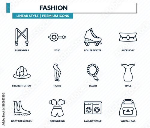 fashion icons set - suspenders, stud, roller skater, tinge, woman bag outline vector collection.