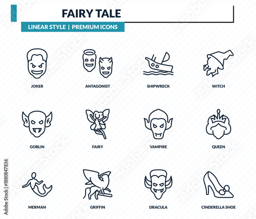 fairy tale icons set - joker, antagonist, shipwreck, queen, cinderella shoe outline vector collection.