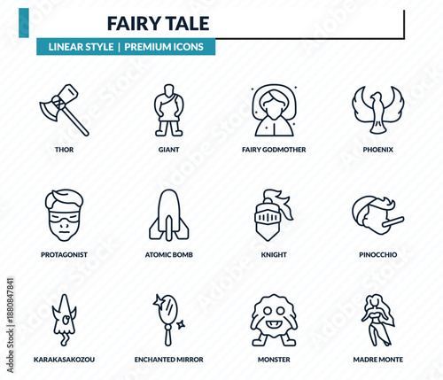 fairy tale icons set - thor, giant, fairy godmother, pinocchio, madre monte outline vector collection.