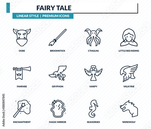 fairy tale icons set - ogre, broomstick, cthulhu, valkyrie, werewolf outline vector collection.