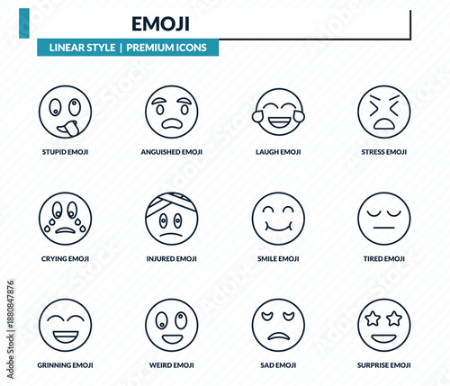 emoji icons set - stupid emoji, anguished emoji, laugh tired surprise outline vector collection.