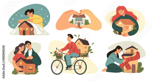 House memory. Safe mind dream for person in home place. People emotions. Property insurance. Homeowners care and love of residential building. Couple hug residence. Vector concepts set