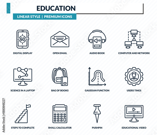 education icons set - digital display 60, open email, audio book, users tings, educational video outline vector collection.