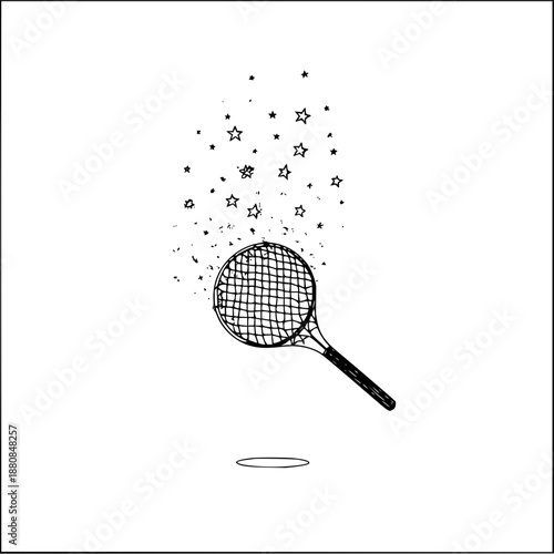 Tennis racket with stars and a shadow is a simple black and white line drawing illustration