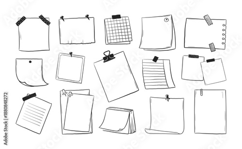 Doodle frame. Hand drawn note paper, sketch post for memo board or school sticky notice. Notepaper, sticker pad, tack and reminders or adhesive tape. Stationery set. Vector isolated icons