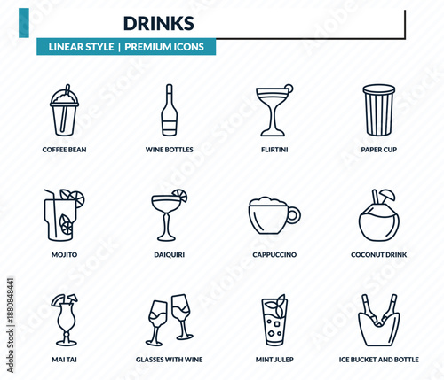 drinks icons set - coffee bean, wine bottles, flirtini, coconut drink, ice bucket and bottle outline vector collection.