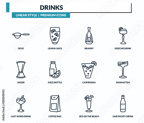 drinks icons set - sieve, lemon juice, brandy, manhattan, lime rickey drink outline vector collection.
