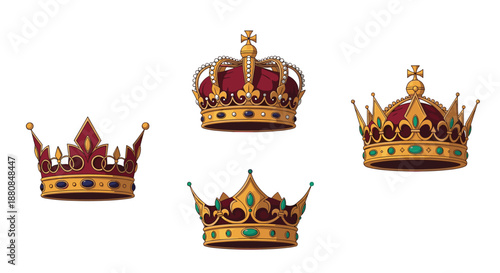 Set of four ornate and detailed royal crowns in gold and red, decorated with jewels, gems, and crosses for a king or queen.