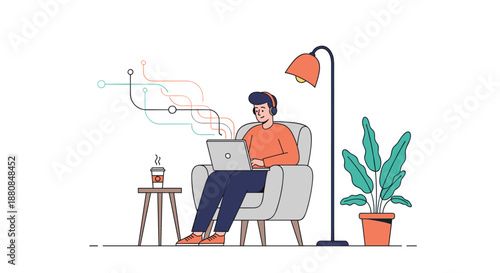Man wearing headphones working or studying on his laptop while sitting comfortably in an armchair at home with coffee and a plant.
