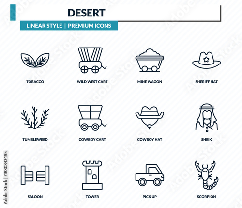desert icons set - tobacco, wild west cart, mine wagon, sheik, scorpion outline vector collection.