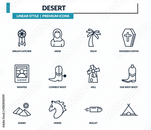 desert icons set - dream catcher, arab, palm, far west boot, outline vector collection.