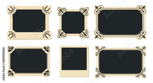 Collection of six vintage photo frames with decorative, ornate corners, creating a retro scrapbook or album-style presentation.