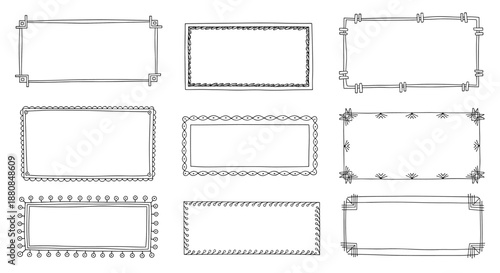 Collection of nine hand-drawn grunge and sketch-style rectangular frames with various decorative border designs for text or photos.
