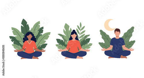 Set of three diverse people meditating in the lotus position, surrounded by green leaves, promoting mindfulness and relaxation.