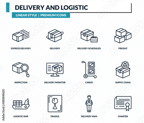 delivery and logistic icons set - express delivery, delivery, scheduled, supply chain, charter outline vector collection.