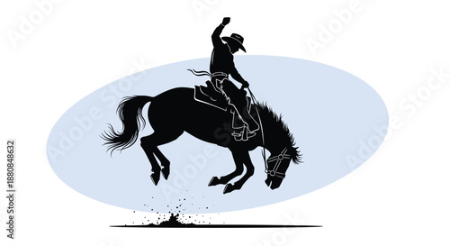 Dynamic black silhouette of a cowboy riding a bucking bronco horse in a rodeo, kicking up dust against a light blue oval.