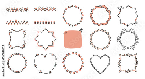 Collection of hand-drawn doodle frames, borders, and dividers in various shapes like circles and hearts, with a cute, sketchy style.
