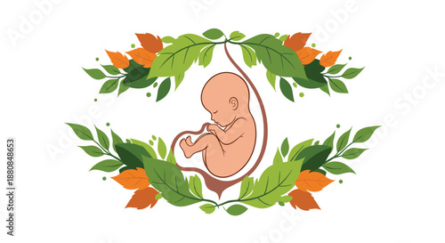 Peaceful illustration of a human fetus curled up in the womb, framed by a beautiful wreath of vibrant green leaves.