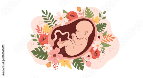 Beautiful artistic illustration of a human fetus in the womb, surrounded by a vibrant and colorful arrangement of blooming flowers.