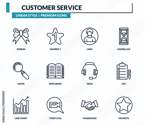 customer service icons set - ribbon, number 1, user, list, favorite outline vector collection.