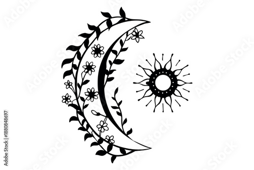 Crescent moon silhouette with floral pattern and sun