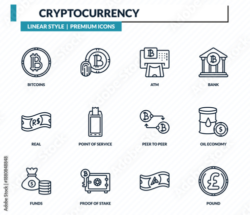 cryptocurrency icons set - bitcoins, , atm, oil economy, pound outline vector collection.