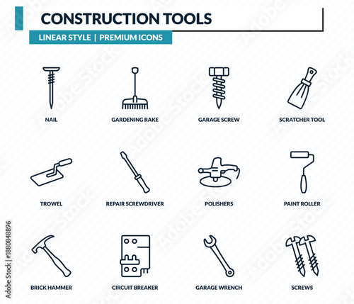construction tools icons set - nail, gardening rake, garage screw, paint roller, screws outline vector collection.