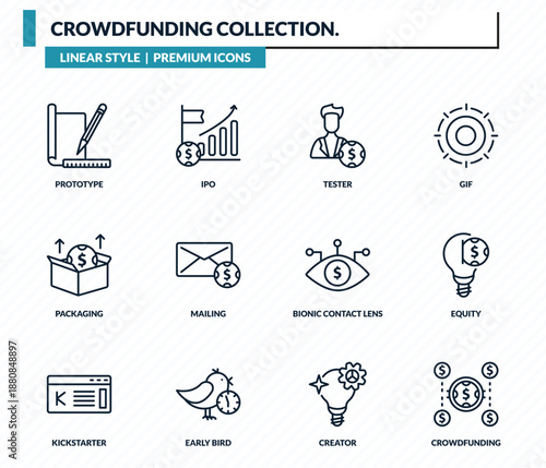 crowdfunding collection. icons set - prototype, ipo, tester, equity, crowdfunding outline vector collection.