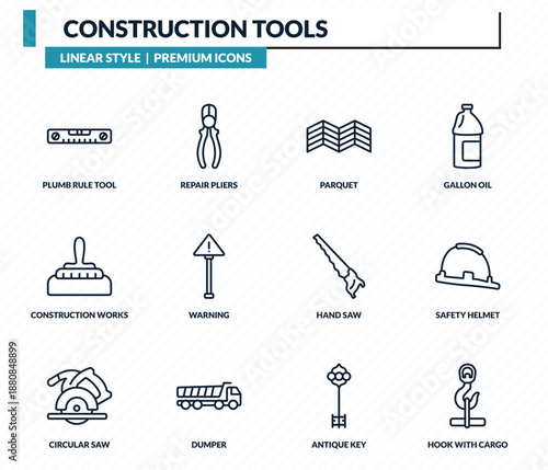 construction tools icons set - plumb rule tool, repair pliers, parquet, safety helmet, hook with cargo outline vector collection.