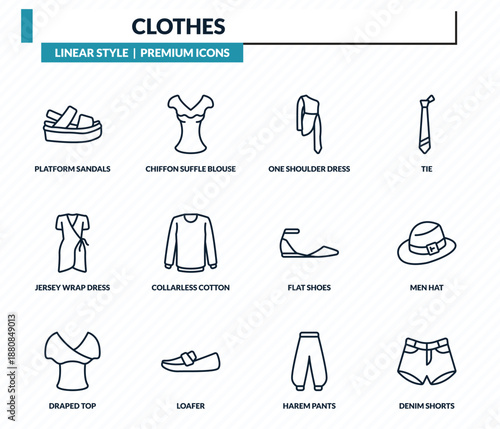 clothes icons set - platform sandals, chiffon suffle blouse, one shoulder dress, men hat, denim shorts outline vector collection.