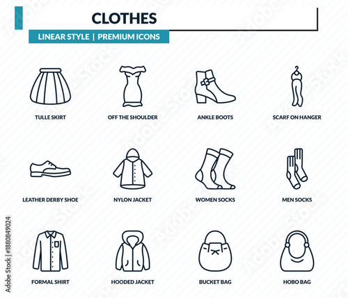 clothes icons set - tulle skirt, off the shoulder dress, ankle boots, men socks, hobo bag outline vector collection.